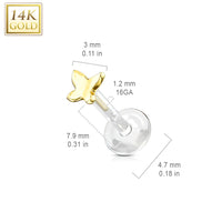 Labret met 14kt gouden vlinder op BioFlex staafje – voor tragus of helix. Maatvoering.