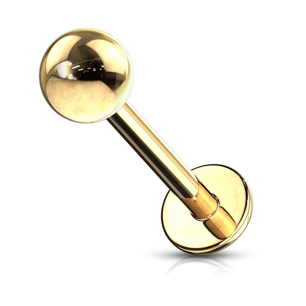 Goudkleurige labret piercing van chirurgisch staal met een minimalistisch en tijdloos design. Geschikt voor oor en lip. De subtiele glans zorgt voor een rustige, stijlvolle uitstraling met een platte achterkant voor comfortabel dragen.
