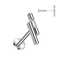 Zilverkleurige labret met dubbele bar en zirconia – chirurgisch staal, voor helix of tragus.
