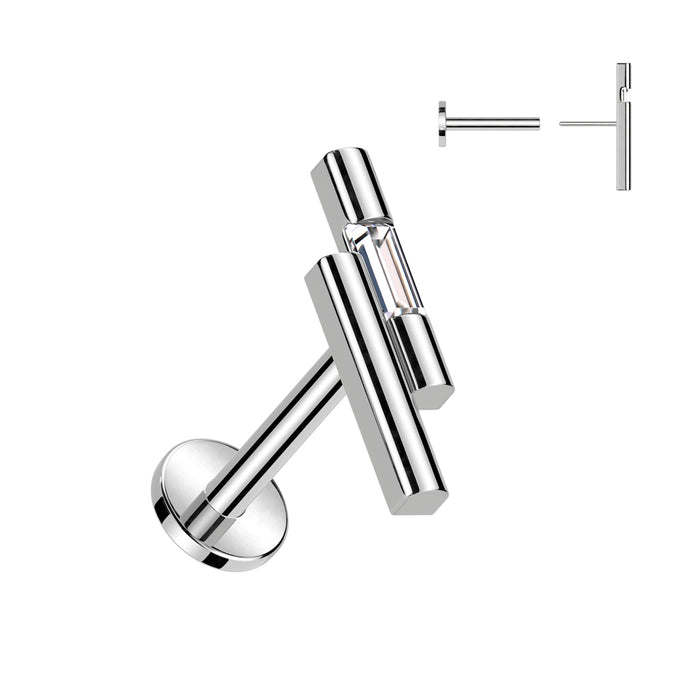 Zilverkleurige labret met dubbele bar en zirconia – chirurgisch staal, voor helix of tragus.