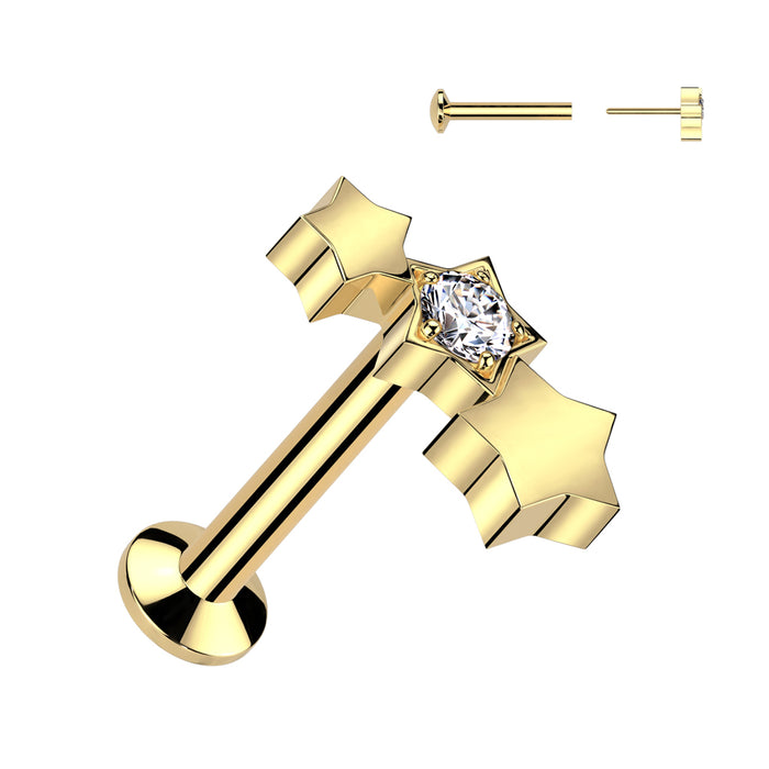 Goudkleurige labret met drie zirconia-sterren van chirurgisch staal – voor helix of tragus.