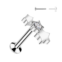 Zilverkleurige labret met drie sterren met zirconia – chirurgisch staal. Threadless top.