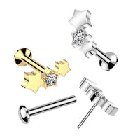 Zilverkleurige labret met drie sterren met zirconia – chirurgisch staal. Collectiefoto.