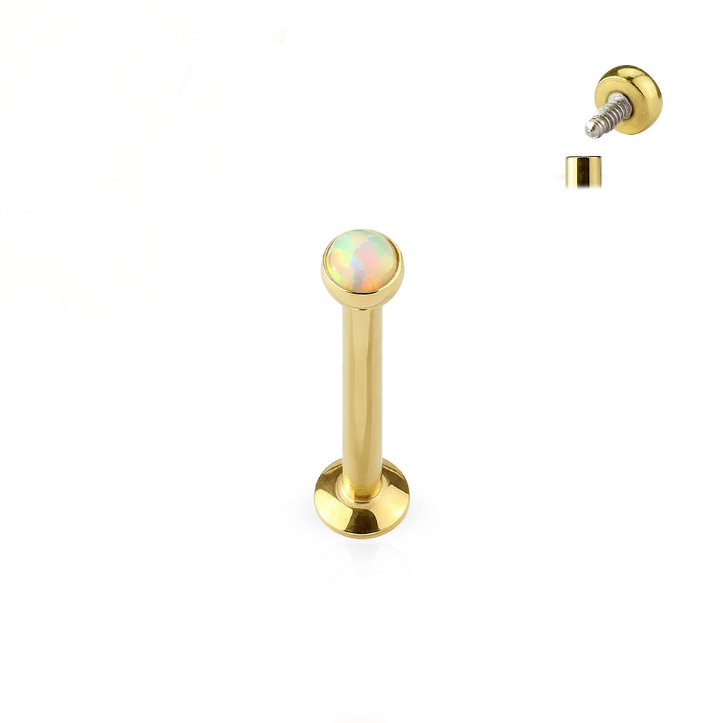 Labret met witte opal steen in goudkleurig titanium, minimalistische stijl – tragus of helix 
