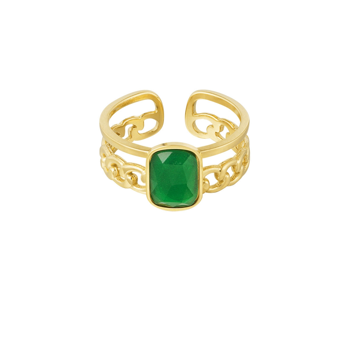 Anillo Cadena Doble con Piedra Verde - Talla Única