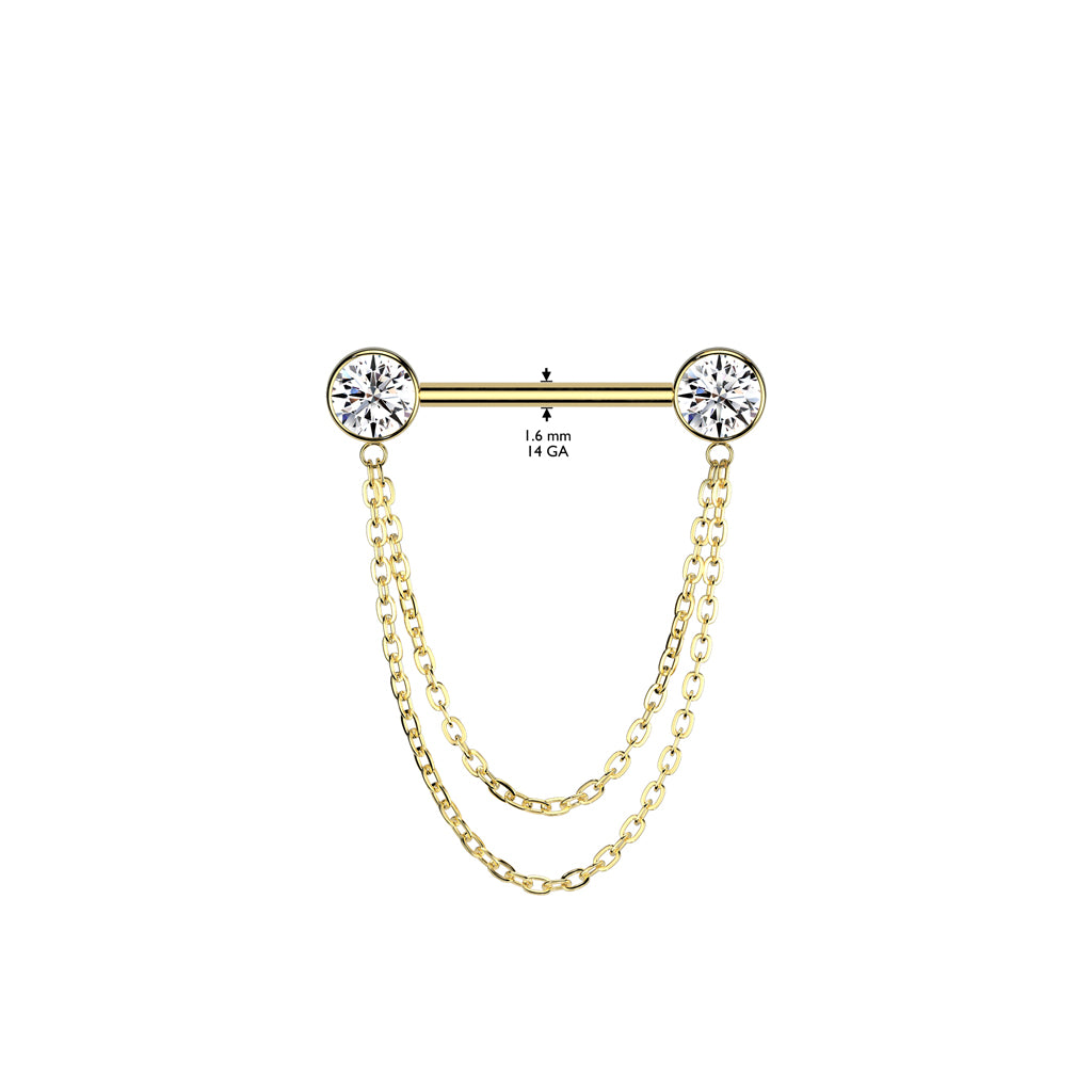 Tepelpiercing Dubbele Ketting PVD Goudkleurig - Titanium