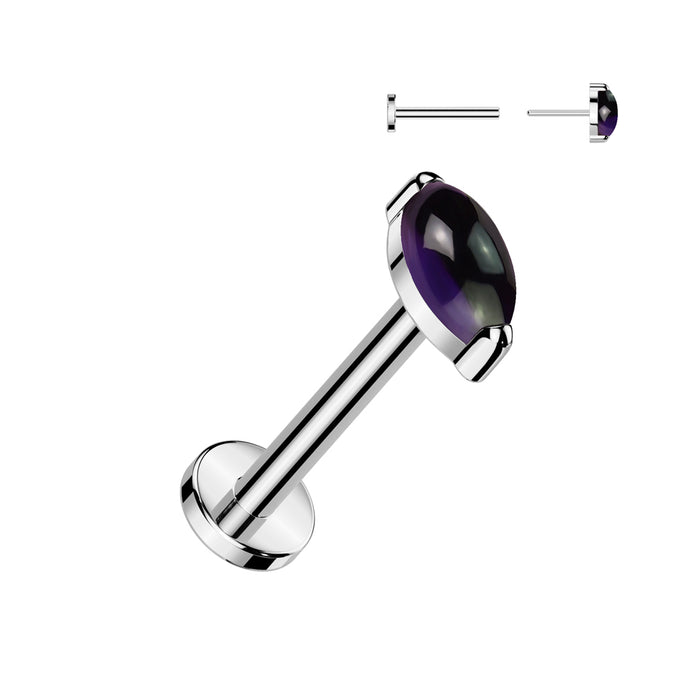 Zilverkleurige labret met ronde amethist steen van titanium – geschikt voor oorpiercing.
