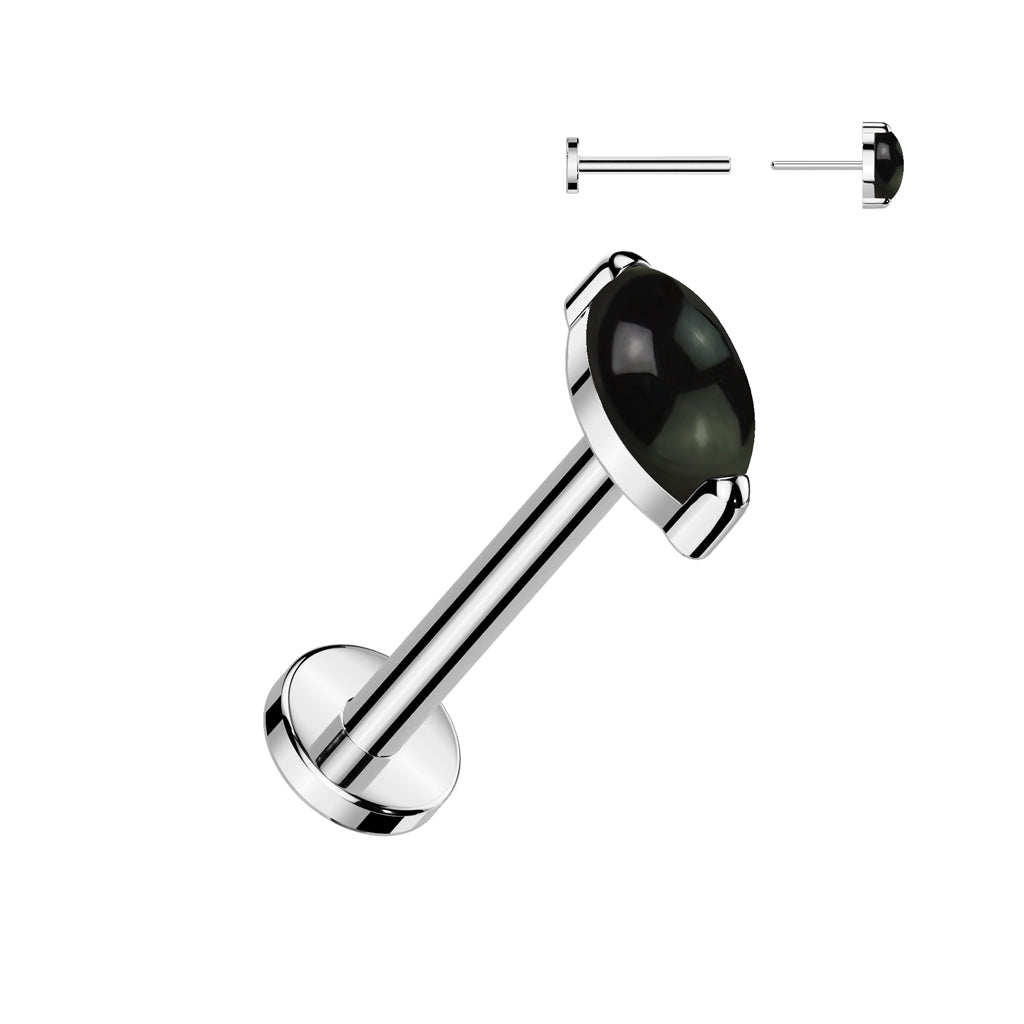Zilverkleurige titanium labret met ronde black onyx – geschikt voor tragus of helix.