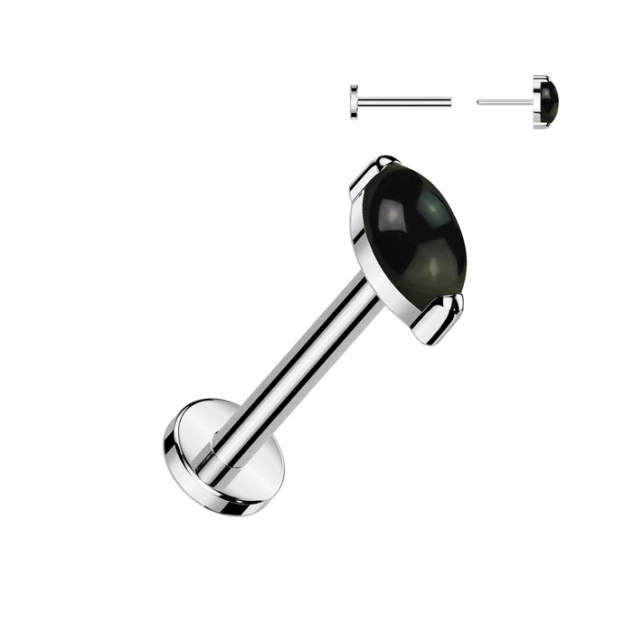 Zilverkleurige titanium labret met ronde black onyx – geschikt voor tragus of helix.