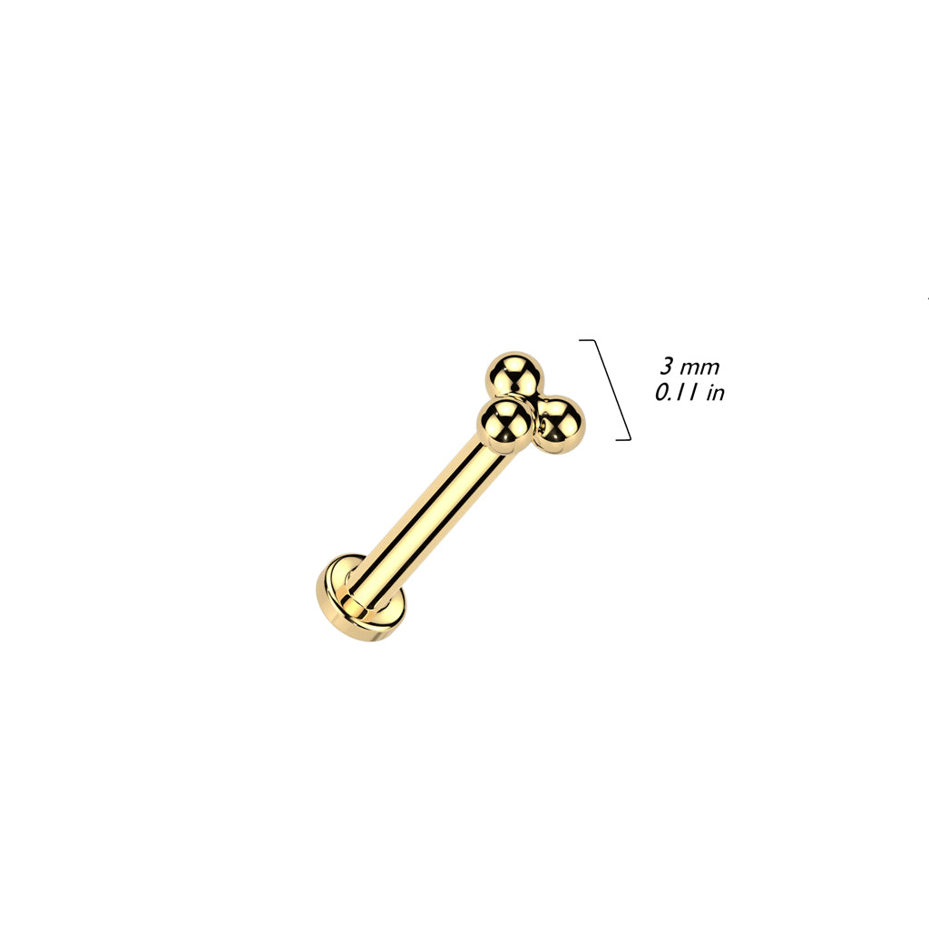 Maat 3mm Zilverkleurige titanium labret met drie kleine bolletjes – geschikt voor oorpiercings.