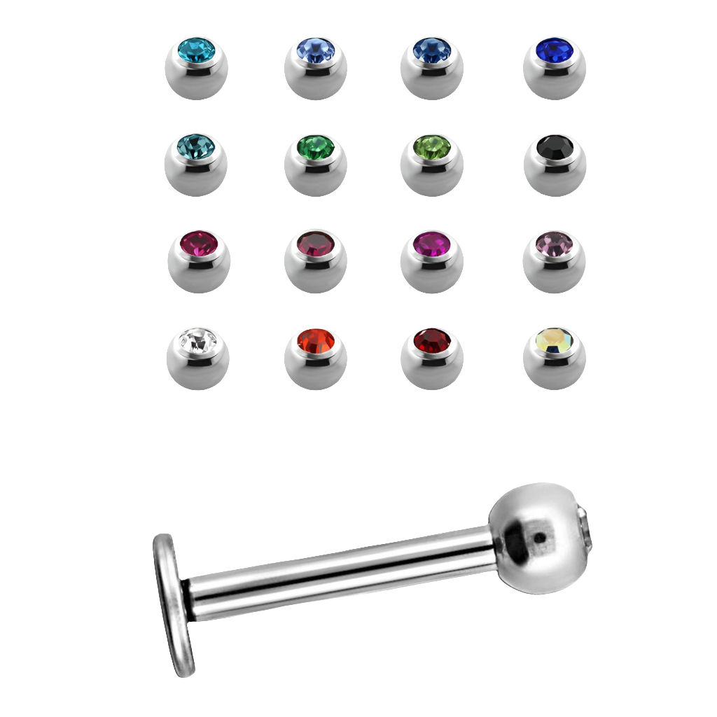 Labret met kleine kristallen baltop in zilverkleur – beschikbaar in meerdere kleuren, gemaakt van chirurgisch staal.