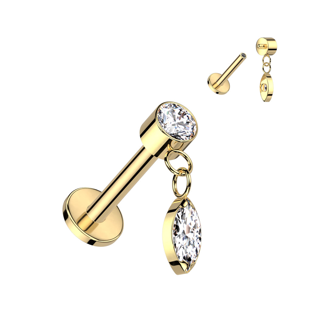 Goudkleurige labret met marquise hanger van titanium voor helix of tragus