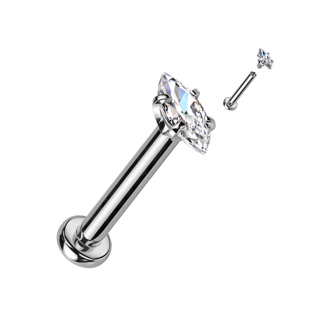 labret zilverkleurig met zirconia (marquise-vorm), chirurgisch staal, voor tragus, helix, lip