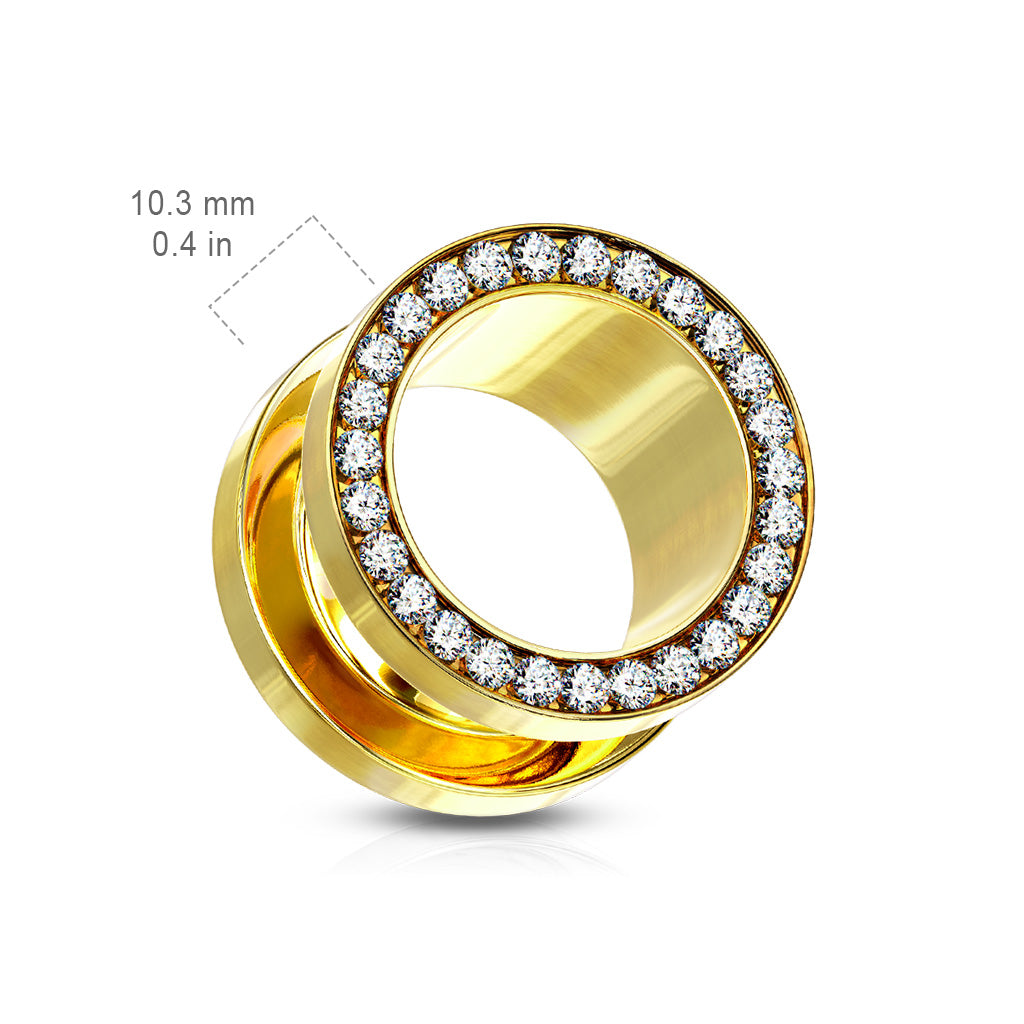 Piercing túnel con circonitas doradas – Acero quirúrgico