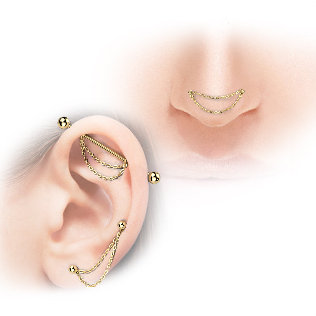 Pendiente de cadena piercing Doble Color Dorado -Titanio