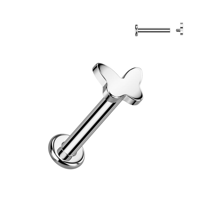 Zilverkleurige titanium labret met vlindervorm – voor helix of tragus.