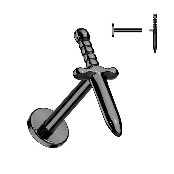 Zwarte titanium labret in zwaardvorm – geschikt voor oor of lip.