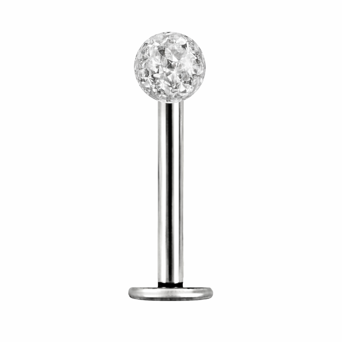 Zilverkleurige labret piercing van chirurgisch staal met multi kristal clear afwerking en wax gecoat balletje. Geschikt voor oor en lip met sprankelend steendesign en platte achterkant.