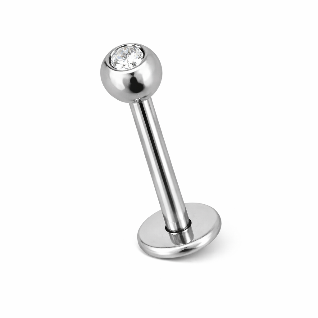 Zilverkleurige labret piercing met klein helder kristal van chirurgisch staal – subtiel en stijlvol