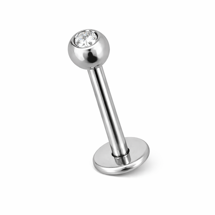 Zilverkleurige labret piercing met klein helder kristal van chirurgisch staal – subtiel en stijlvol