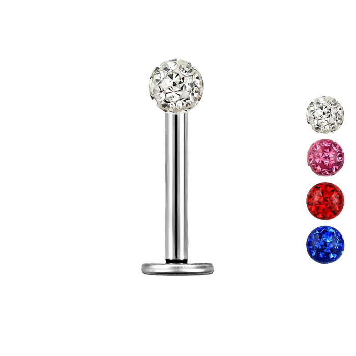 Zilverkleurige labret met meerkleurige kristallen bal van chirurgisch staal