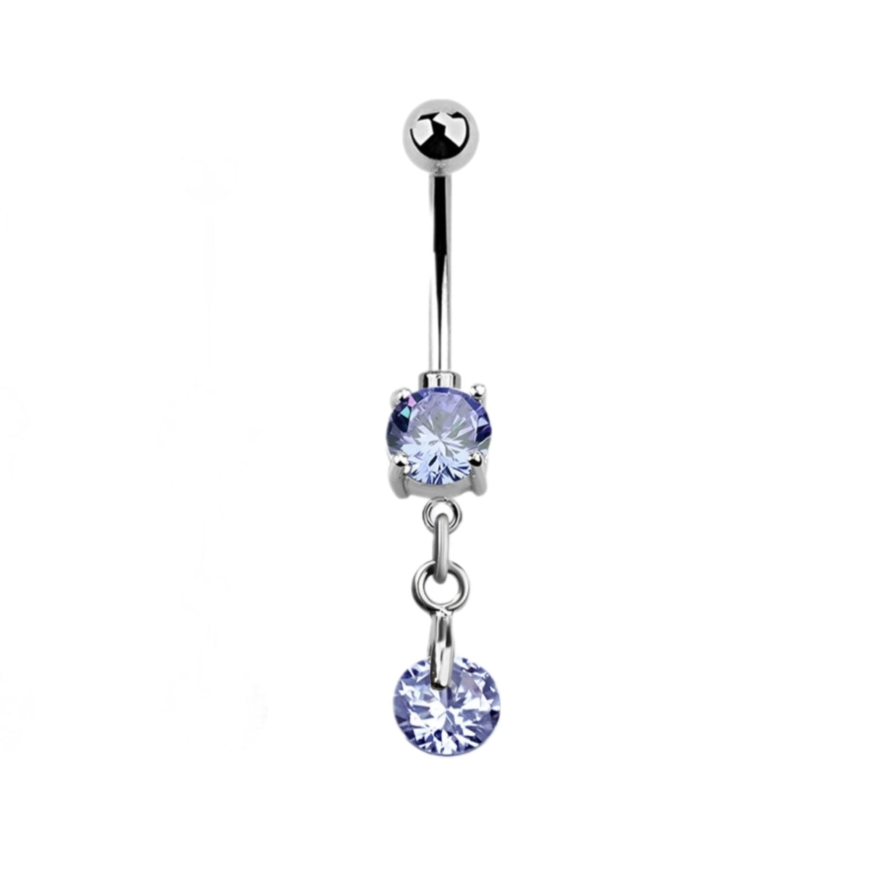 Navelpiercing met paarse zirconia hanger, glanzend en stijlvol van chirurgisch staal.
