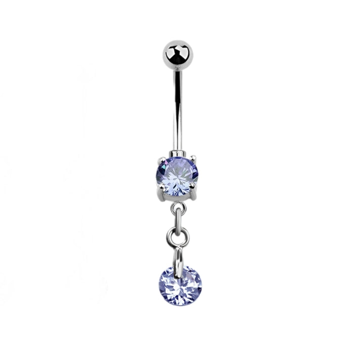 Navelpiercing met paarse zirconia hanger, glanzend en stijlvol van chirurgisch staal.
