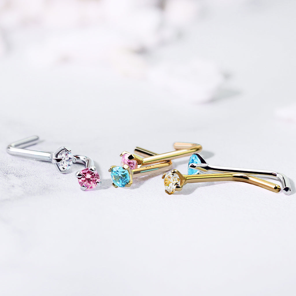 L-vormige piercings met zirconia in meerdere kleuren, 14kt goud en witgoud