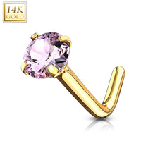 L-vormige neuspiercing met roze zirconia in 14kt goud