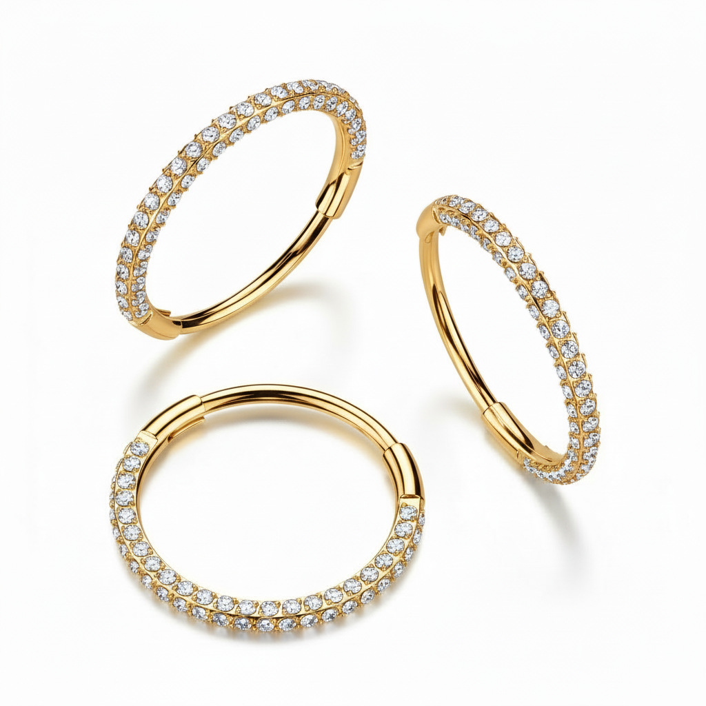 Anillo click frontal y laterales circonita color Oro - Acero Quirúrgico