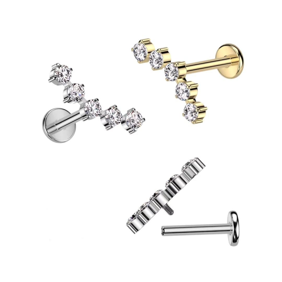 Piercing para labio con forma de arco, color plata, 5 circonitas - Titanio