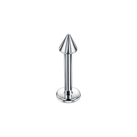 Zilverkleurige labret piercing met strakke spike-top van chirurgisch staal – stoer en strak design.