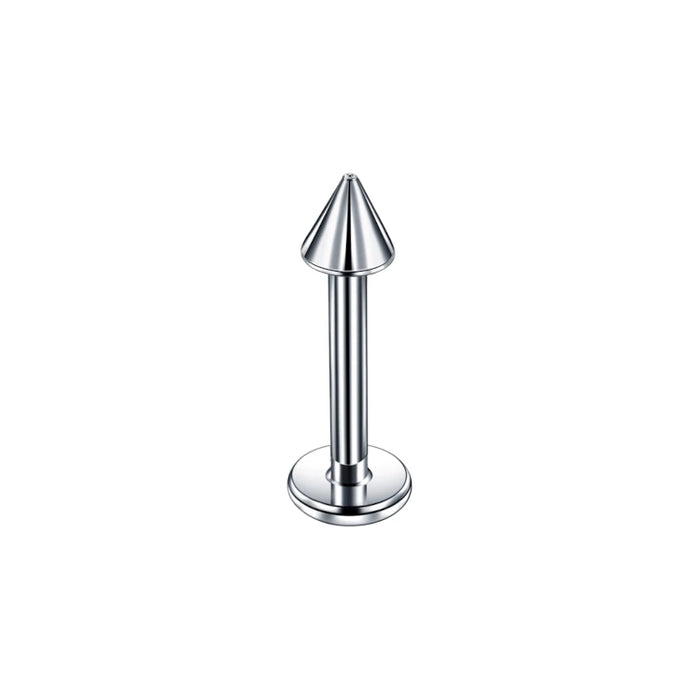 Zilverkleurige labret piercing met strakke spike-top van chirurgisch staal – stoer en strak design.