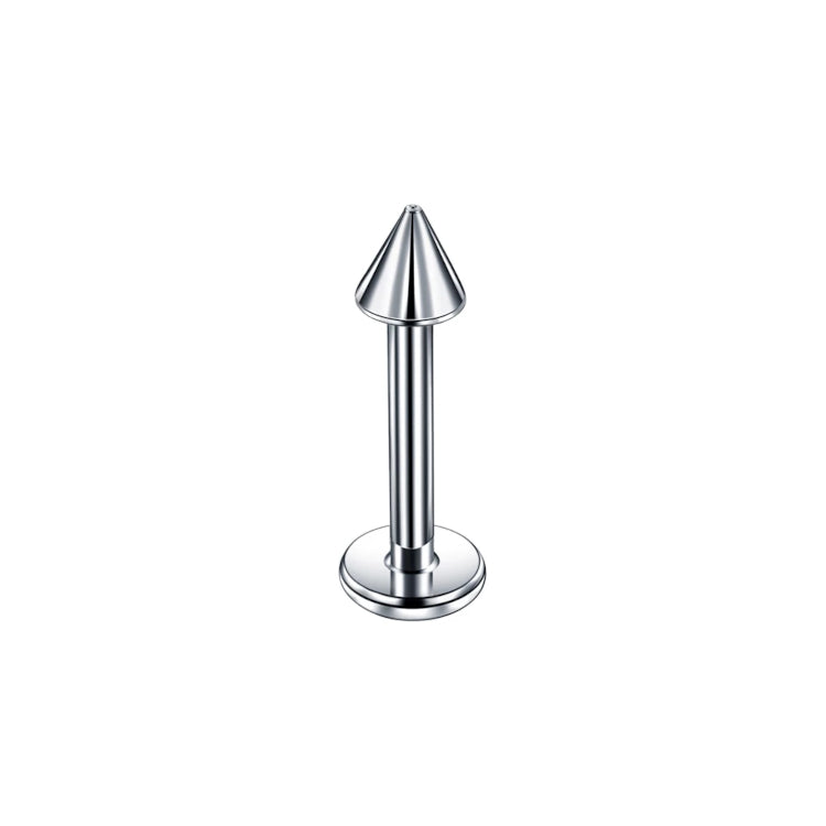 Zilverkleurige labret piercing met strakke spike-top van chirurgisch staal – stoer en strak design.