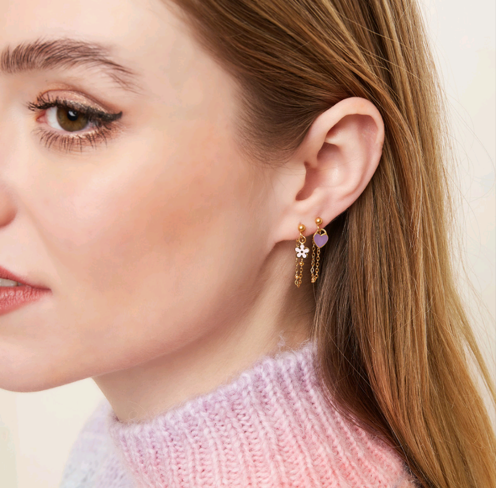 Pendientes Collar Flor Rosa - Acero Inoxidable