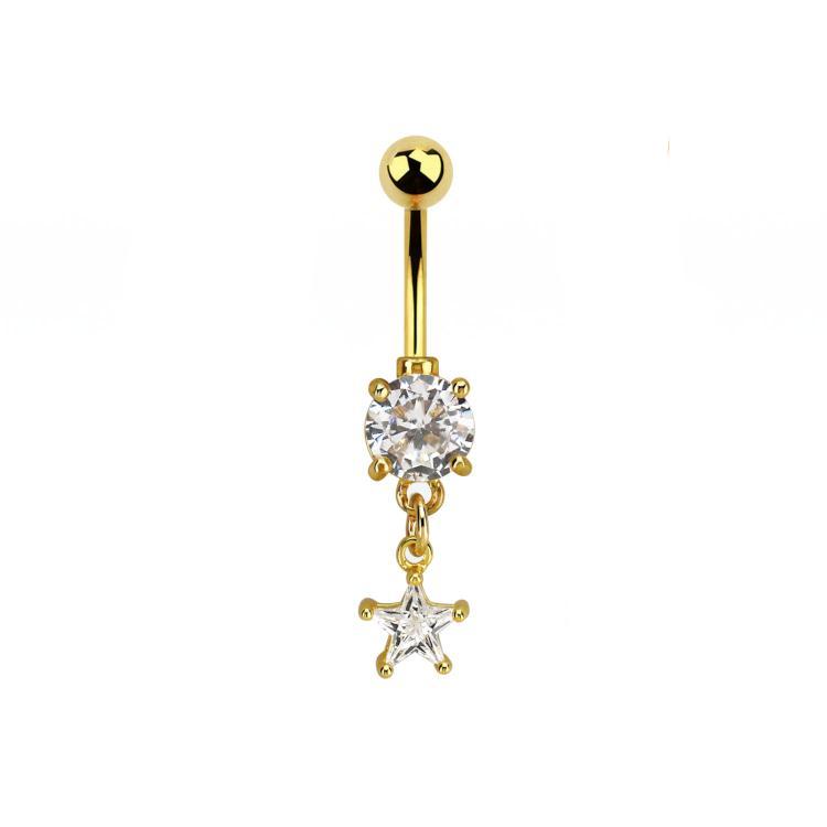 Piercing de ombligo grande de cristal con estrella colgante, color dorado – Acero quirúrgico
