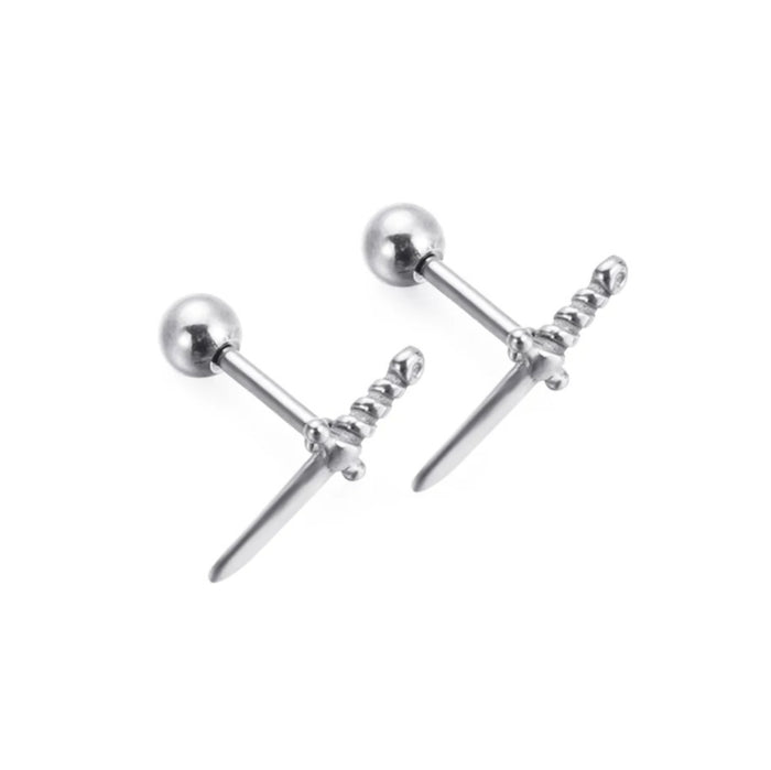 Zilverkleurige barbell piercing van chirurgisch staal met dolk design. Geschikt voor oorpiercings met stoere en opvallende look.