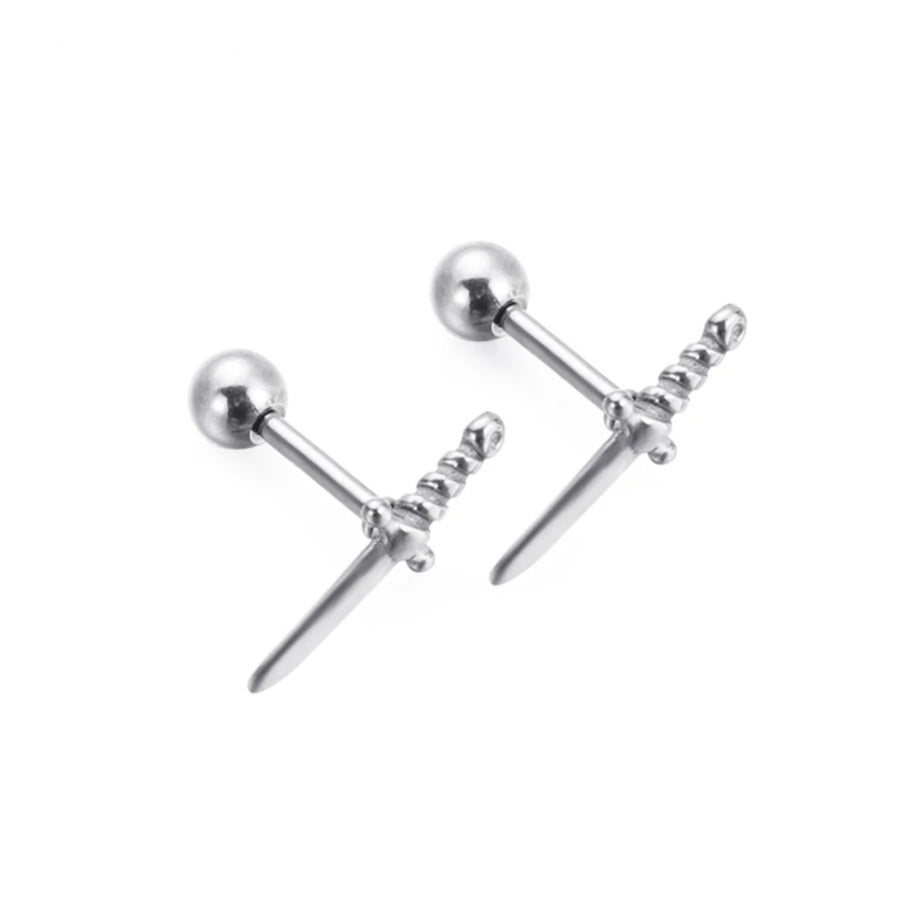 Zilverkleurige barbell piercing van chirurgisch staal met dolk design. Geschikt voor oorpiercings met stoere en opvallende look.