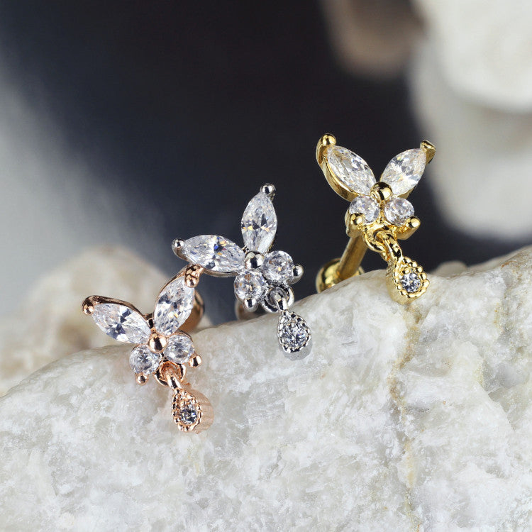 Barbell Vlinder Zirconia - Chirurgisch Staal & 14kt Goldplated