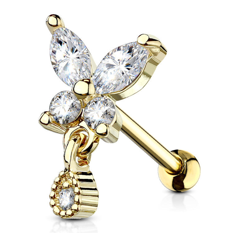 Goudkleurige barbell piercing van chirurgisch staal met 14kt goldplated afwerking en vlinder design met zirconia steentjes. De fonkelende details geven een elegante en speelse uitstraling. Geschikt voor diverse oorpiercings.