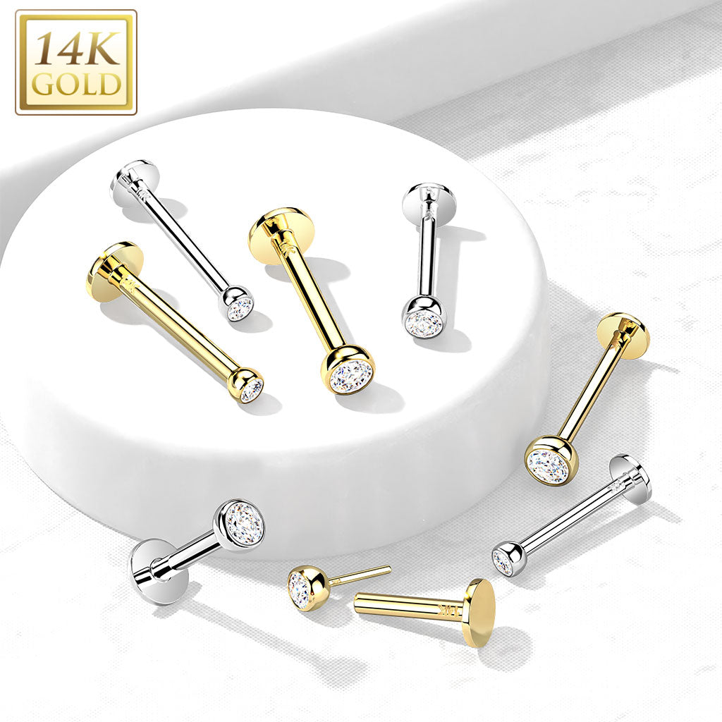 Labret piercing van 14kt witgoud met zirconia steen met threadless push in