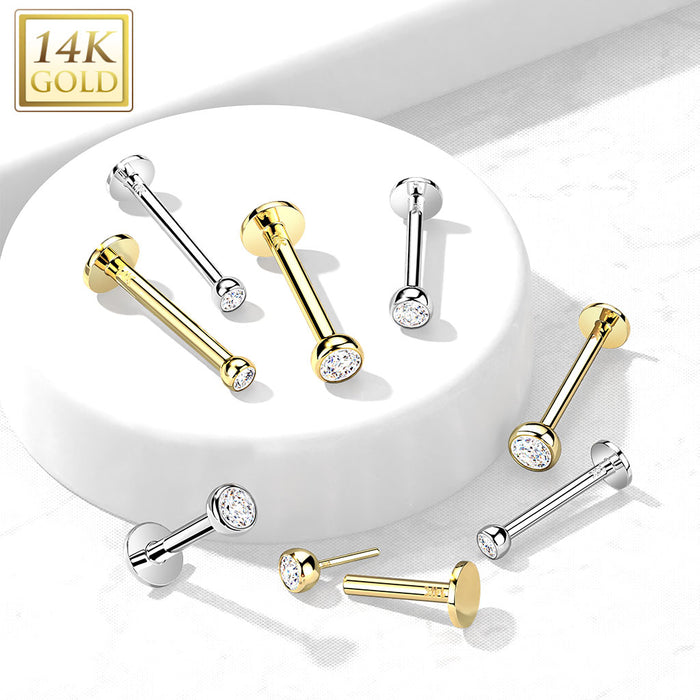 Labret piercing van 14kt witgoud met zirconia steen met threadless push in