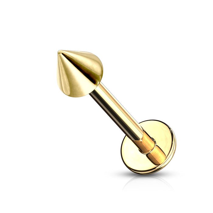 Goudkleurige labret piercing met spike van chirurgisch staal. Geschikt voor oor en lip. Opvallend en comfortabel dankzij de platte achterkant.