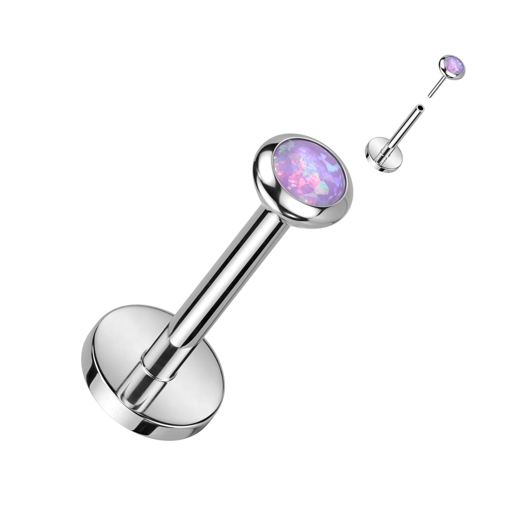 Zilverkleurige labret met roze/paars opal – titanium – tragus of lip