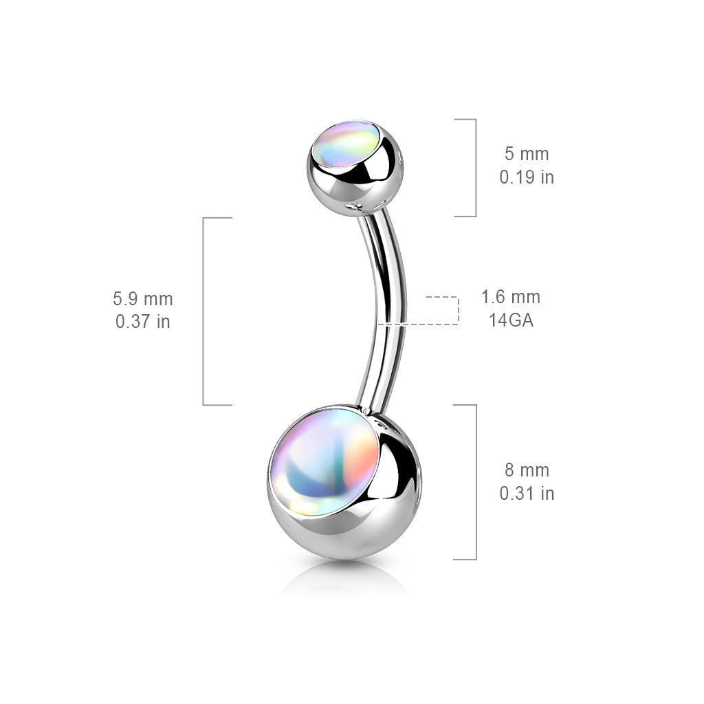 Navelpiercing met gladde multicolor steen en afmetingen in beeld