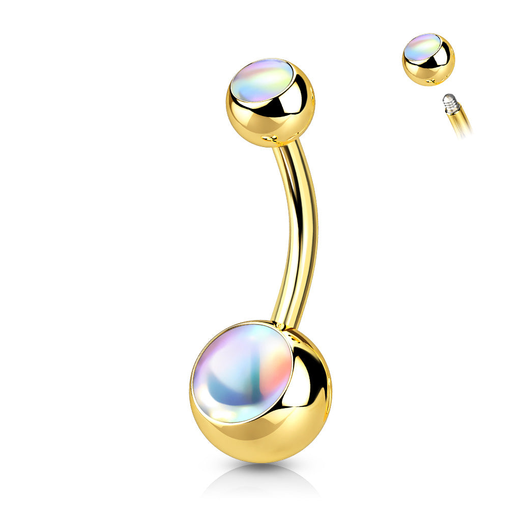 Goudkleurige navelpiercing met twee gladde multicolor stenen van chirurgisch staal