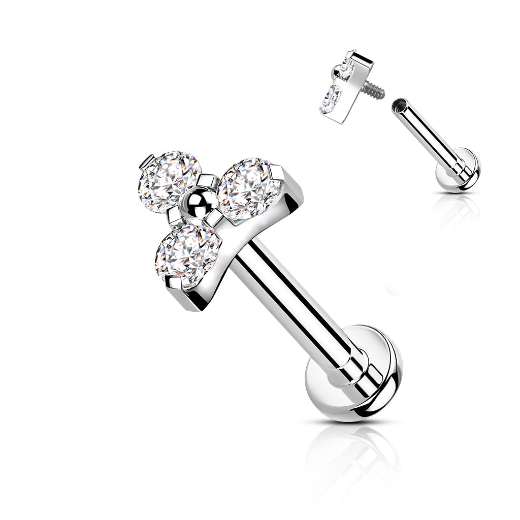 labret zilver- of goudkleurig met triple zirconia, chirurgisch staal, voor helix, tragus