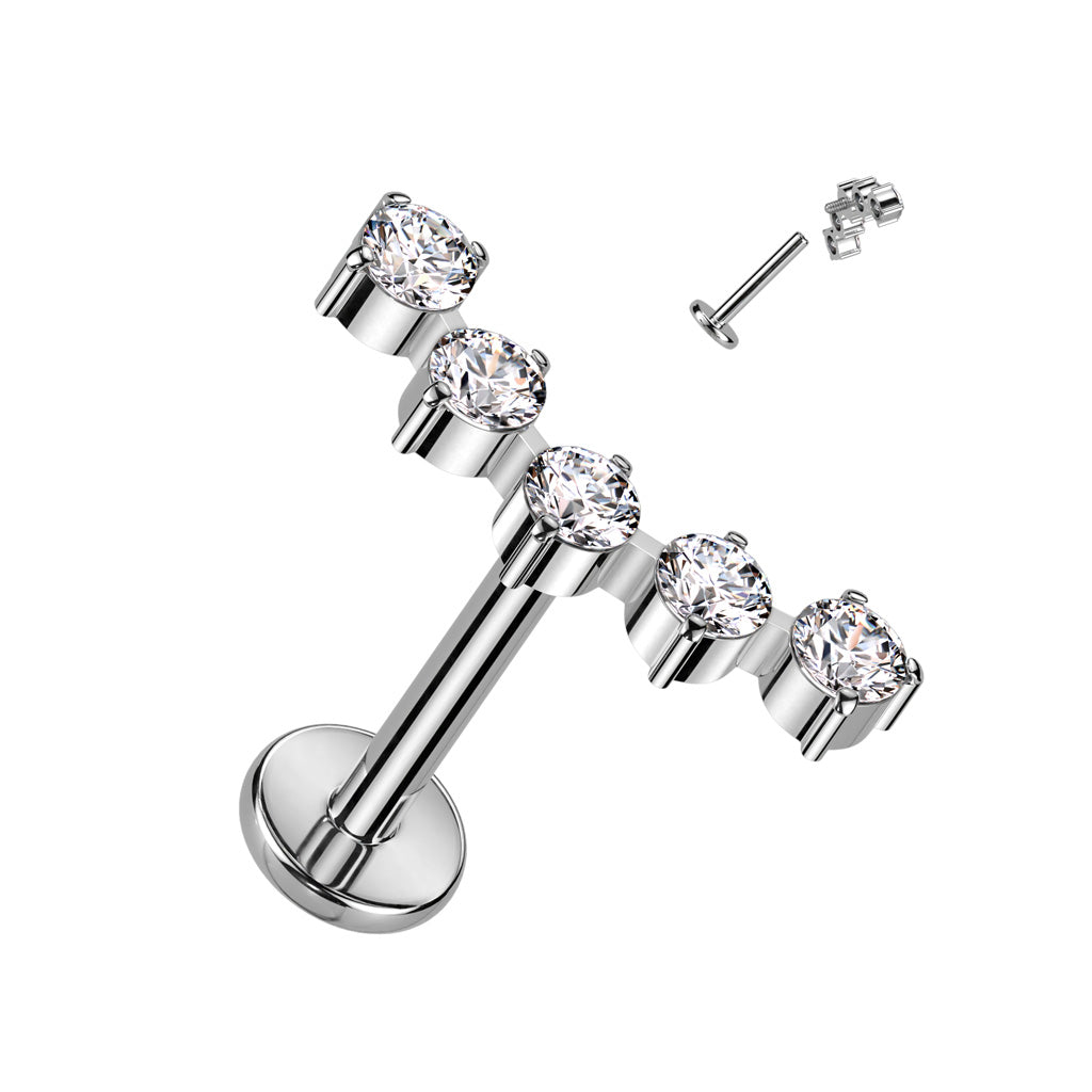 Piercing para labio con forma de arco, color plata, 5 circonitas - Titanio