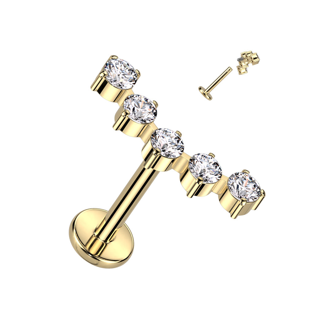 Piercing para labio con arco dorado y 5 circonitas - Titanio