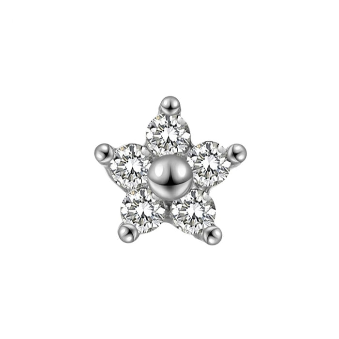 Zilverkleurige barbell piercing van roestvrij staal met brass afwerking en bloemdesign met zirconia. Geschikt voor oorpiercings met subtiele sparkle en elegante look.